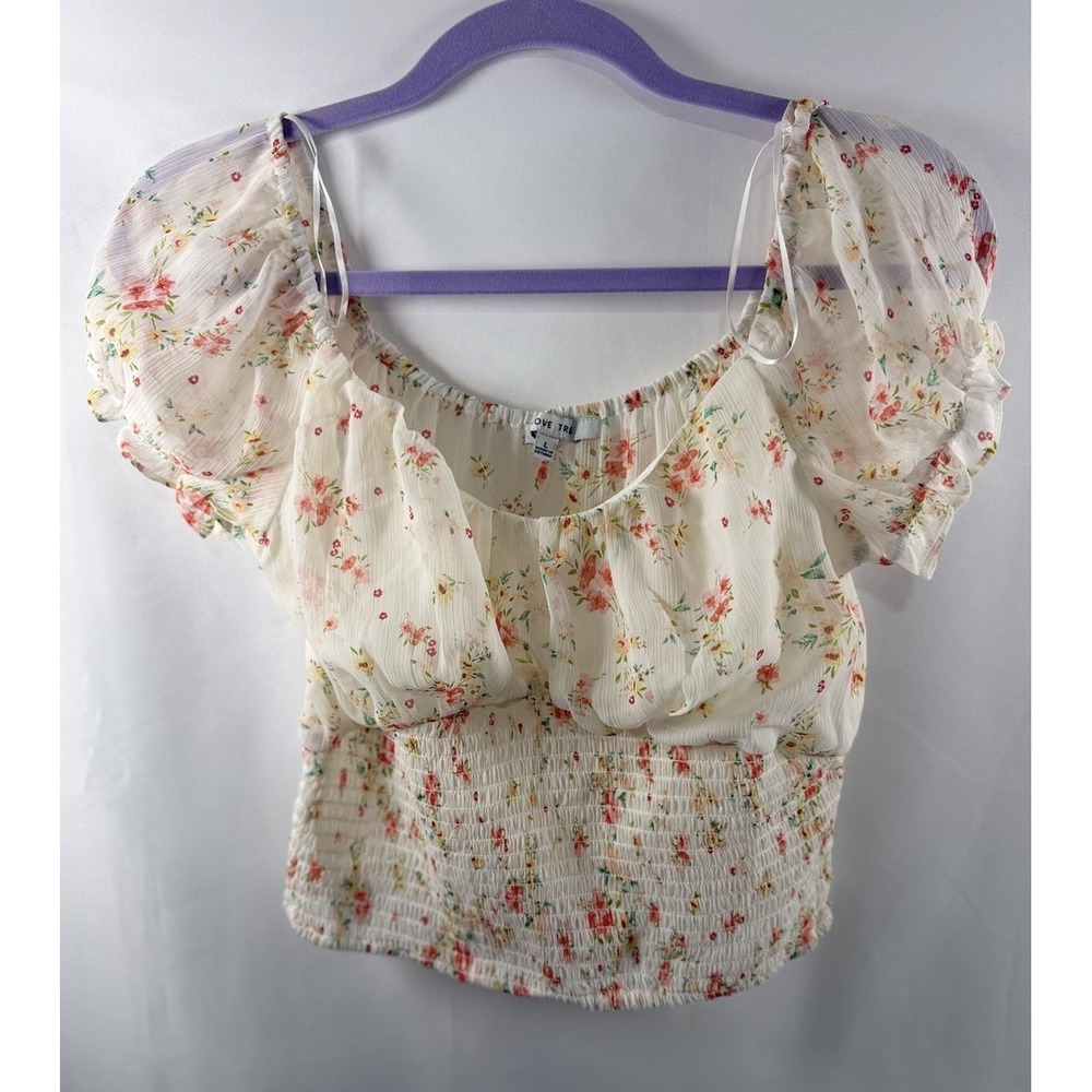 Love Tree Smocked Puff Sleeve Crop Top Women L Pastel Floral Cottagecore Fairy